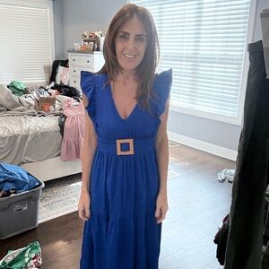 Elegant Blue Ruffle Sleeve Dress